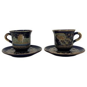 Cobolt Blue 24K Gold Vintage Greek Demitasse Tea Cups and Saucers Set 2-Chalkidi